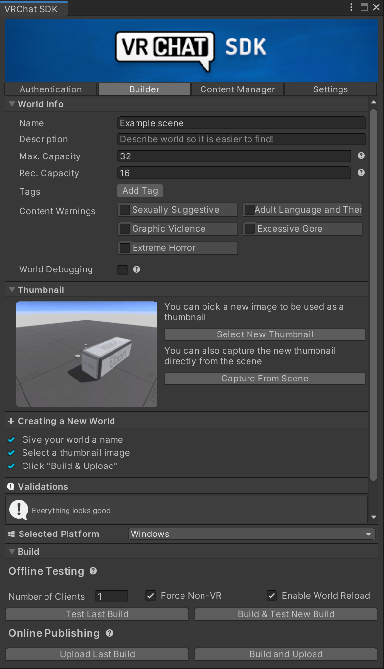 VRChat's SDK World build panel.