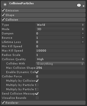 This Particle System has the Collision module turned on, is set to 'World' and '3D' modes, with 'Send Collision Messages' turned on.